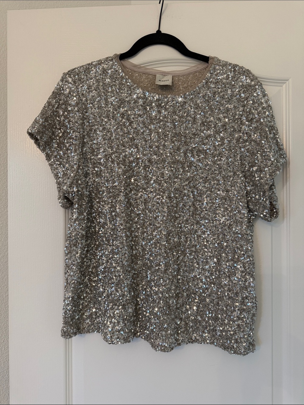 Maeve Anthropologie Sequin Short Sleeve Top - Silver